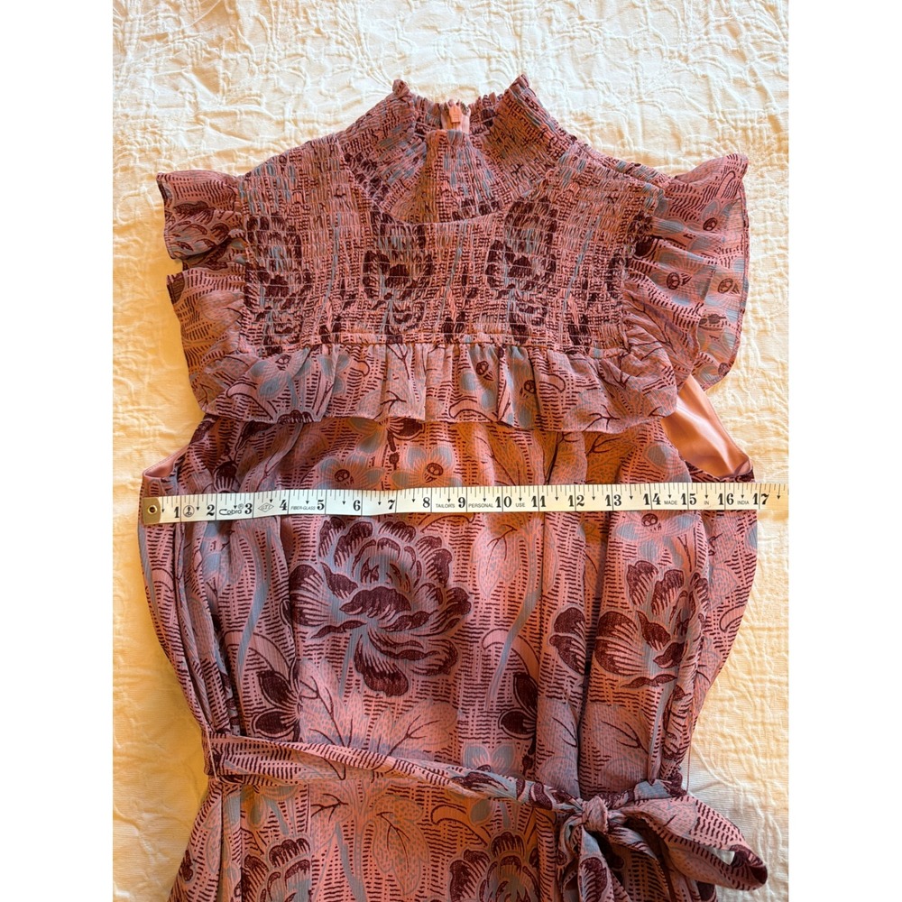 Likely Pink Floral Smocked High Neck Ruffle Midi Levine Dress Size 8 - Picture 7 of 9